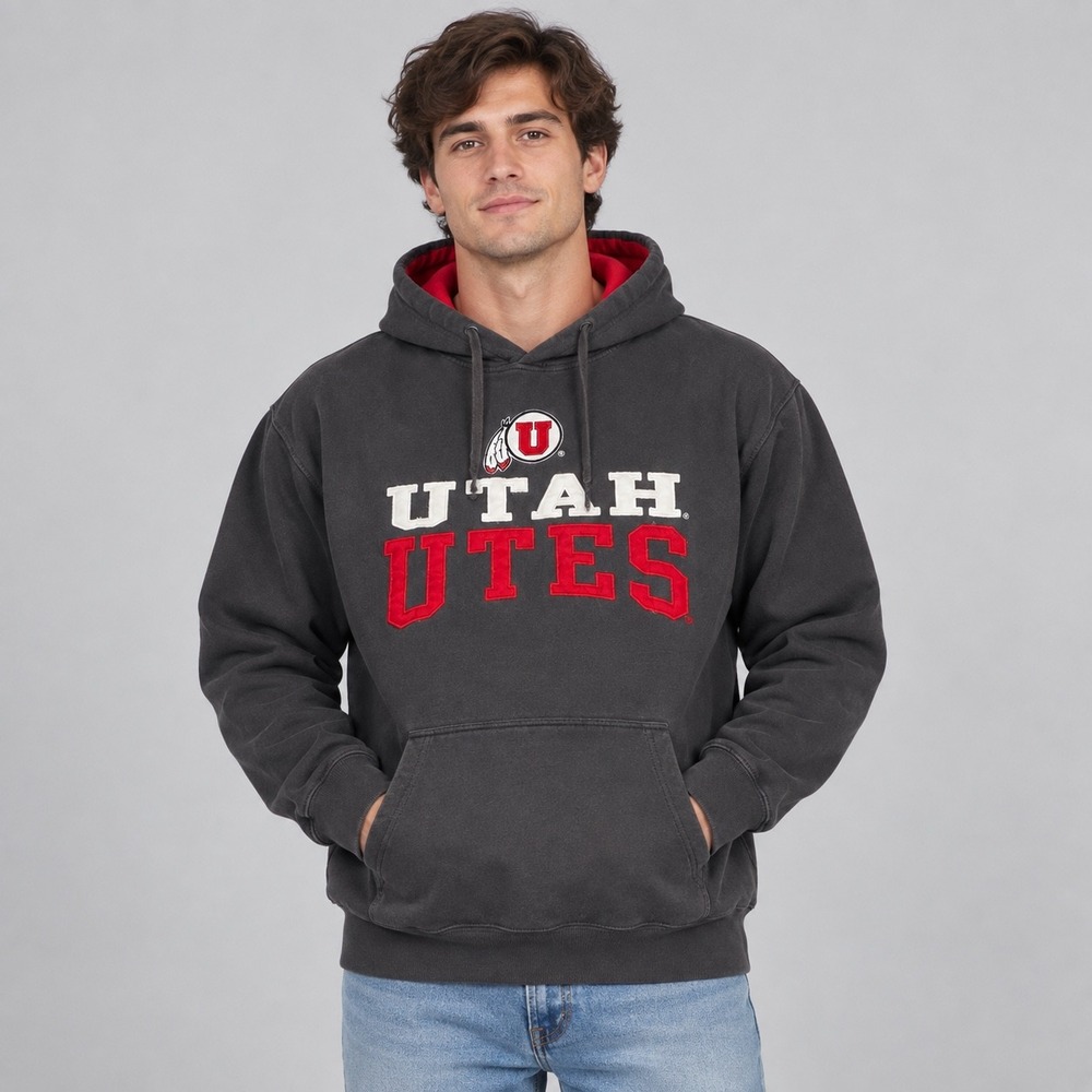 Vintage Utah Utes Hoodie Mens Large Gray Red Stadium Athletics Sweatshirt NCAA